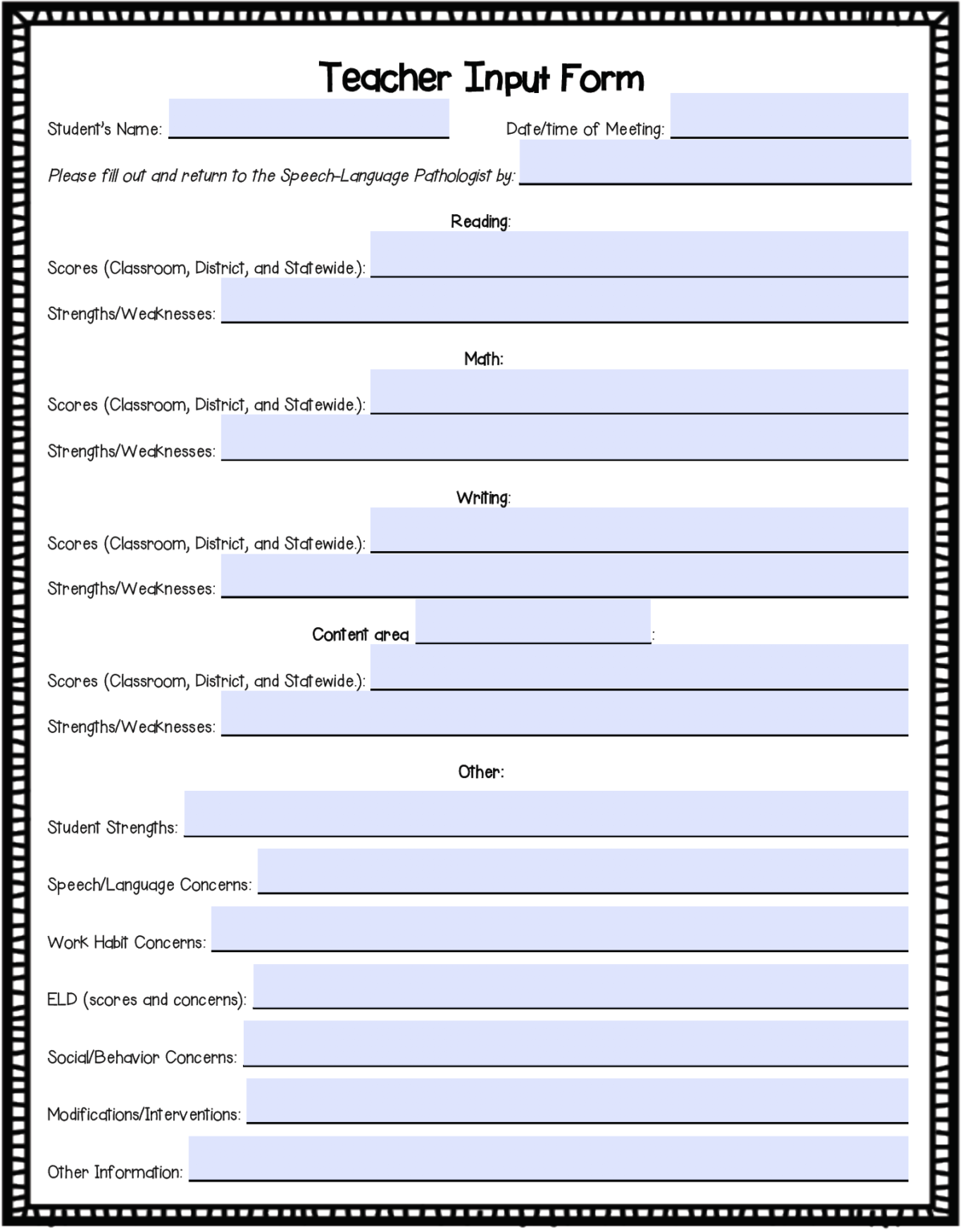 Common Core Teacher Input Forms for IEPs - Super Power Speech