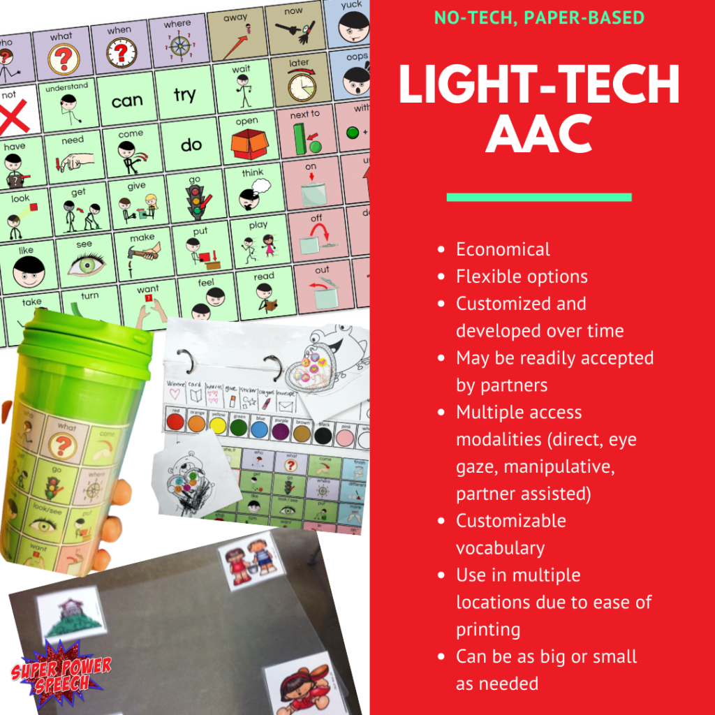 Light-tech AAC is economical, flexible options, customized and developed over time, may be readily accepted by partners, multiple access modalities (direct, eye gaze, manipulative, partner assisted), customizable vocabulary, use in multiple locations due to ease of printing, case be as big or small as needed 